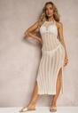 Beżowa Ażurowa Sukienka Bodycon z Rozcięciami i Wiązaniem na Plecach Jonalia