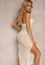 Beżowa Ażurowa Sukienka Bodycon z Rozcięciami i Wiązaniem na Plecach Jonalia