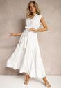 Biała Sukienka z Paskiem w Talii o Rozkloszowanym Fasonie bez Rękawów Ellasin