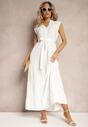 Biała Sukienka z Paskiem w Talii o Rozkloszowanym Fasonie bez Rękawów Ellasin