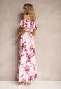 Biało-Różowa Kwiecista Sukienka Typu Hiszpanka z Gumką w Talii i Materiałowym Paskiem Pori