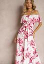 Biało-Różowa Kwiecista Sukienka Typu Hiszpanka z Gumką w Talii i Materiałowym Paskiem Pori