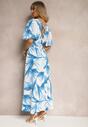 Niebiesko-Biała Kopertowa Sukienka Wiązana na Plecach z Gumką w Talii Jeteri