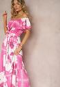 Różowo-Biała Hiszpanka Sukienka z Gumką w Talii i Materiałowym Paskiem z Falbankami Xoneri