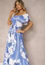 Niebiesko-Biała Hiszpanka Sukienka z Gumką w Talii i Materiałowym Paskiem z Falbankami Xoneri