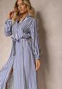Rochie bleumarin-albă în stil cămașă cu curea din material și nasturi Dimori