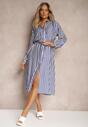 Rochie bleumarin-albă în stil cămașă cu curea din material și nasturi Dimori