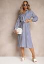 Rochie bleumarin-albă în stil cămașă cu curea din material și nasturi Dimori