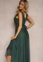 Rochie de cocktail verde cu tul și elastic fără mâneci