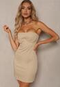 Rochie de Cocktail din Bumbac Bej fără Bretele Croi Mulat Lornesta
