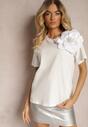 Tricou alb din bumbac cu mânecă scurtă și aplicație floare Dimasa