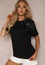 Tricou Negru din Bumbac cu Mânecă Scurtă și Aplicație Floare Dimasa