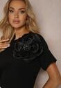 Tricou Negru din Bumbac cu Mânecă Scurtă și Aplicație Floare Dimasa