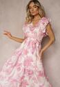 Różowa Sukienka z Kopertowym Dekoltem z Gumką w Pasie i Paskiem w Talii z Falbankami Dimrine