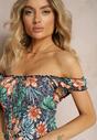 Rochie din Bumbac Bleumarin-Verde cu Flori cu Volane și Elastic în Talie Darialia