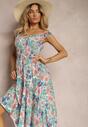 Rochie Roz-Albastru cu Elastic in Talie pe Bretele cu Volane Florale cu Nasturi Decorativi Arcovia