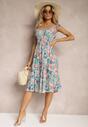 Rochie Roz-Albastru cu Elastic in Talie pe Bretele cu Volane Florale cu Nasturi Decorativi Arcovia