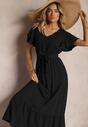 Czarna Sukienka z Bawełny z Gumką w Talii Zdobiona Falbankami z Materiałowym Paskiem Lendolia