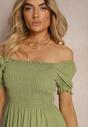 Rochie verde din bumbac evazată cu partea de sus încrețită și volane Dimettria