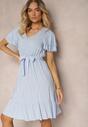 Rochie albastră din bumbac cloș cu volan și elastic în talie Zilpia