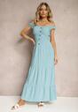 Niebieska Sukienka z Bawełny na Ramiączkach z Gumką w Talii i Guzikami Dunvia