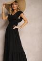 Rochie Neagră din Bumbac cu Croială Clopot Volane și Elastic în Talie Dimista