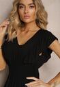 Rochie Neagră din Bumbac cu Croială Clopot Volane și Elastic în Talie Dimista