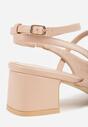 Beżowe Czółenka na Słupku Wykończone Kwadratowym Noskiem i Cienkimi Paseczkami Elavon