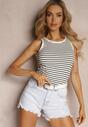 Top Casual din Bumbac Alb-Bleumarin în Dungi din Material Elastic Salea