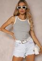 Top Casual din Bumbac Alb-Bleumarin în Dungi din Material Elastic Salea