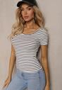 Tricou Alb-Bleumarin din Bumbac cu Dungi cu Mânecă Scurtă Fralea