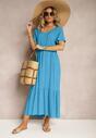 Rochie din viscoză albastră cu mânecă scurtă și croială evazată Delantia
