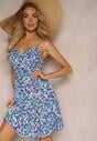 Rochie bleumarin din viscoză cu decolteu încrețit pe bretele accesorizată cu nasturi Dimalle