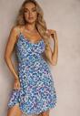 Rochie bleumarin din viscoză cu decolteu încrețit pe bretele accesorizată cu nasturi Dimalle