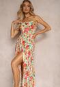 Rochie Viscoză Alb-Galbenă Cu Imprimeu Floral Cu Elastic în Talie și Bretele Reglabile Ostialia