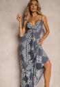 Rochie boho alb-bleumarin din viscoză cu elastic în talie și decolteu triunghiular Winsalia