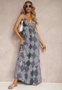 Rochie boho alb-bleumarin din viscoză cu elastic în talie și decolteu triunghiular Winsalia