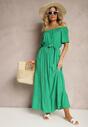 Rochie verde evazată din viscoză cu curea din material și elastic în talie Dimthia
