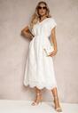 Biała Bawełniana Sukienka o Haftowanym Wykończeniu z Materiałowym Paskiem w Talii Dimla