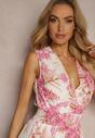 Rochie Roz Cristalle cu Decolteu Triunghiular și Elastic în Talie cu Volane