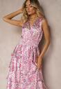 Różowa Kopertowa Sukienka z Gumką w Talii i Falbankami Dimolla