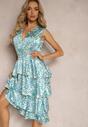Niebieska Kopertowa Sukienka z Gumką w Talii i Falbankami Dimolla