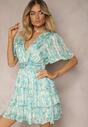 Rochie Verde-Albastră cu Decolteu Înfășurat și Elastic în Talie cu Volane cu Fir Metalic Xailea