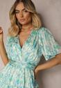 Rochie Verde-Albastră cu Decolteu Înfășurat și Elastic în Talie cu Volane cu Fir Metalic Xailea