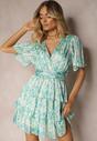 Rochie Verde-Albastră cu Decolteu Înfășurat și Elastic în Talie cu Volane cu Fir Metalic Xailea