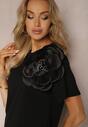 Bluză Neagră Casual din Bumbac cu Floare 3D și Pietre Strass Renvia