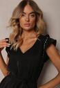 Rochie Neagră cu Curea din Material Ornată cu Crăpături și Pietre Strass cu Volan Holline