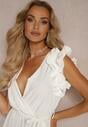 Rochie albă tip plic cu elastic în talie și cordon decorativ cu volane Tiamatalia