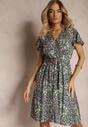 Rochie Verde din Viscoză cu Decolteu în V Finisată cu Elastic în Talie și Șnur Abrolea