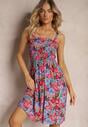 Rochie roz-violetă din viscoză cu bretele cu elastic în talie și nasturi Pevlea